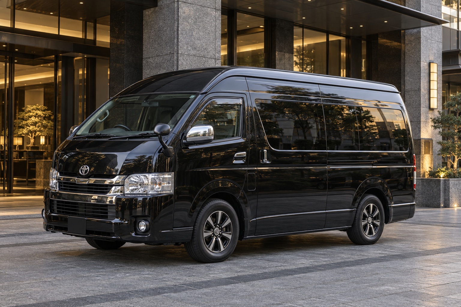 ホテル前に停車する黒いハイエースワゴン
