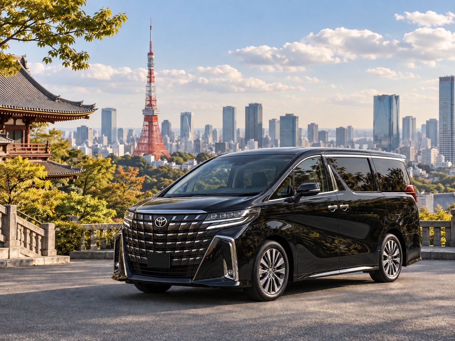 東京タワーを背景にした観光送迎のアルファード